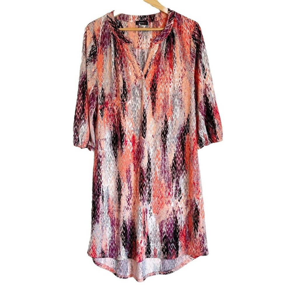 Cocomo Multicolor Chevron Shirt Dress Womens 1X 3/4 Sleeves Knee Length Resort